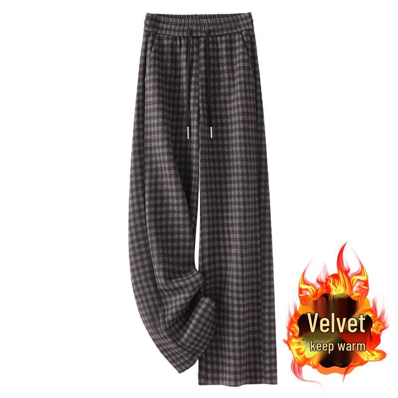 

Women s Black & Gray Plaid High-Waist Velvet Wide-Leg Pants - 2024 Autumn/Winter Collection L