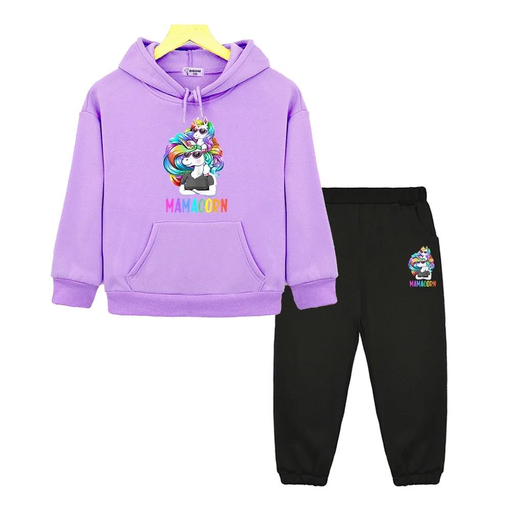 Boys Girls Hooded Sets Unicorn Print Kawaii Anime Hoodie Fleece Sweatshirt Autumn Pullover Cartoon Jacket  Kids Boutique Clothes 2PCS  Children's Suit