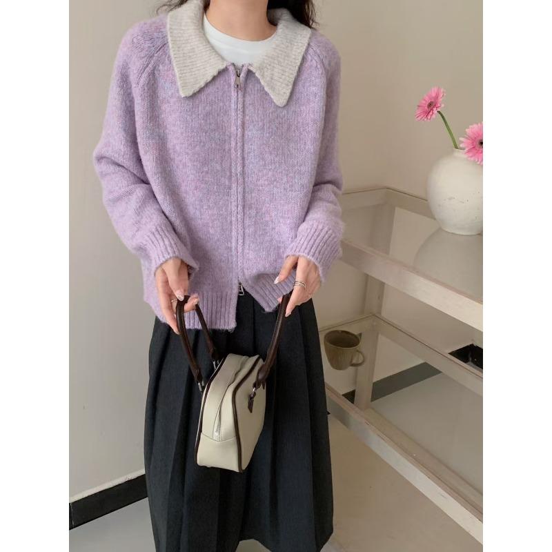 

Весна новый свободный контрастный цвет двойная молния свитер куртка мягкий восковой темперамент универсальный лацкан вязаный кардиган женский one size fits all фиолетовый