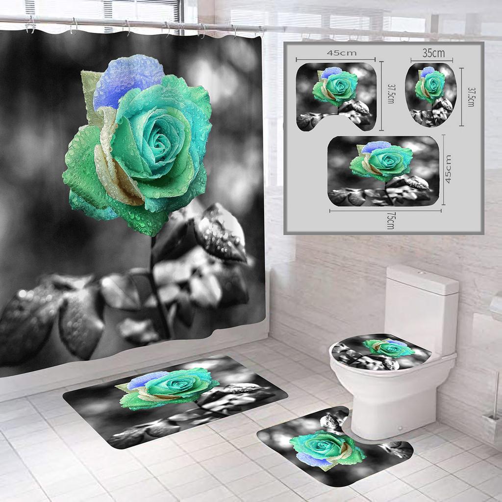 Wholesale Valentine's Day Rose Collection: Polyester Waterproof 3D Digital Print Shower Curtain & Bath Mat 4-Piece Set + Toilet 3-Piece Set