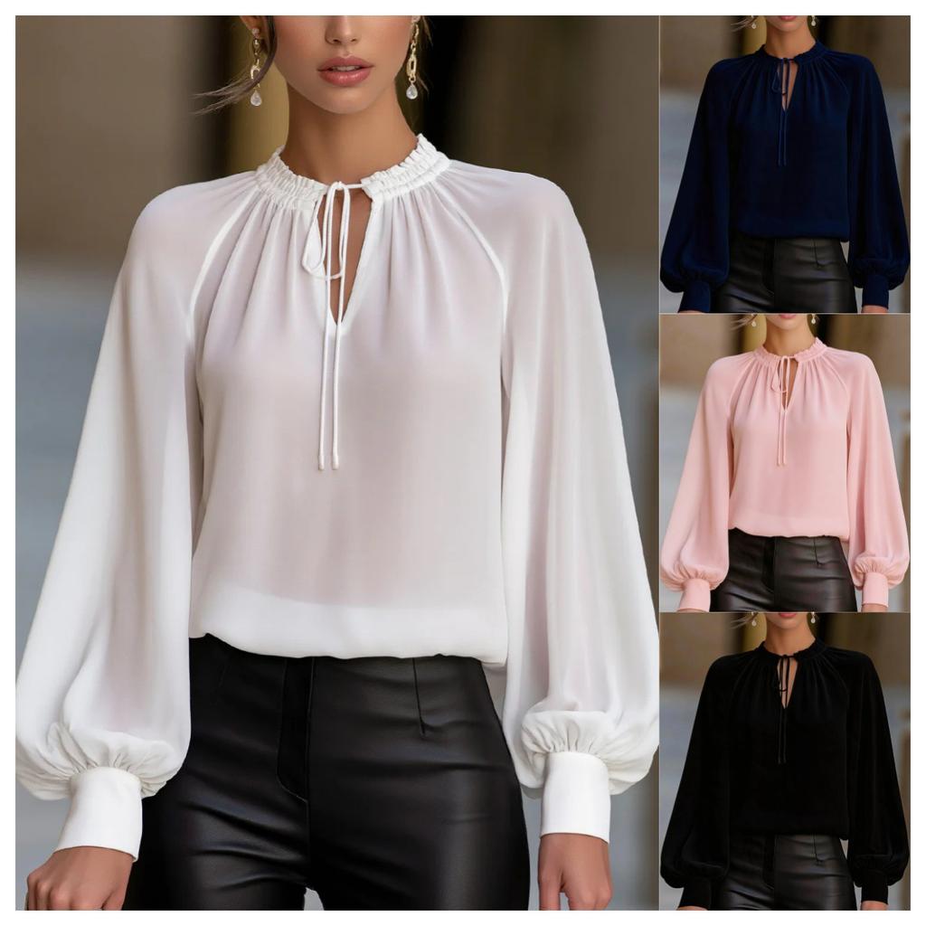New Arrival: French-style Lantern-sleeve Tie-front Blouse – A Stylish Top for Women’s Everyday Wear
