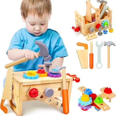 Çocuk Ahşap Tamir Alet Kutusu Vida ve Somun Sökme Taşınabilir Alet Masası Erkek Bebek Eğitici Oyuncak