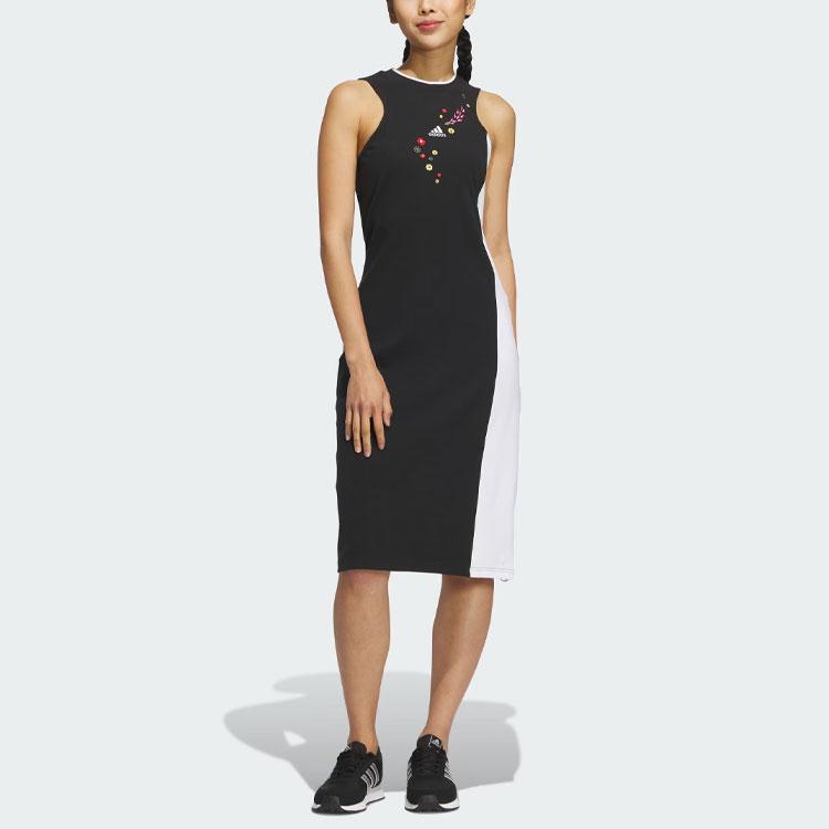 adidas X Shuting Qiu Blumenstickerei Colorblock Slim Fit Midi Gerades Kleid Ärmellos Damenkleider Schwarz Weiß IM8442