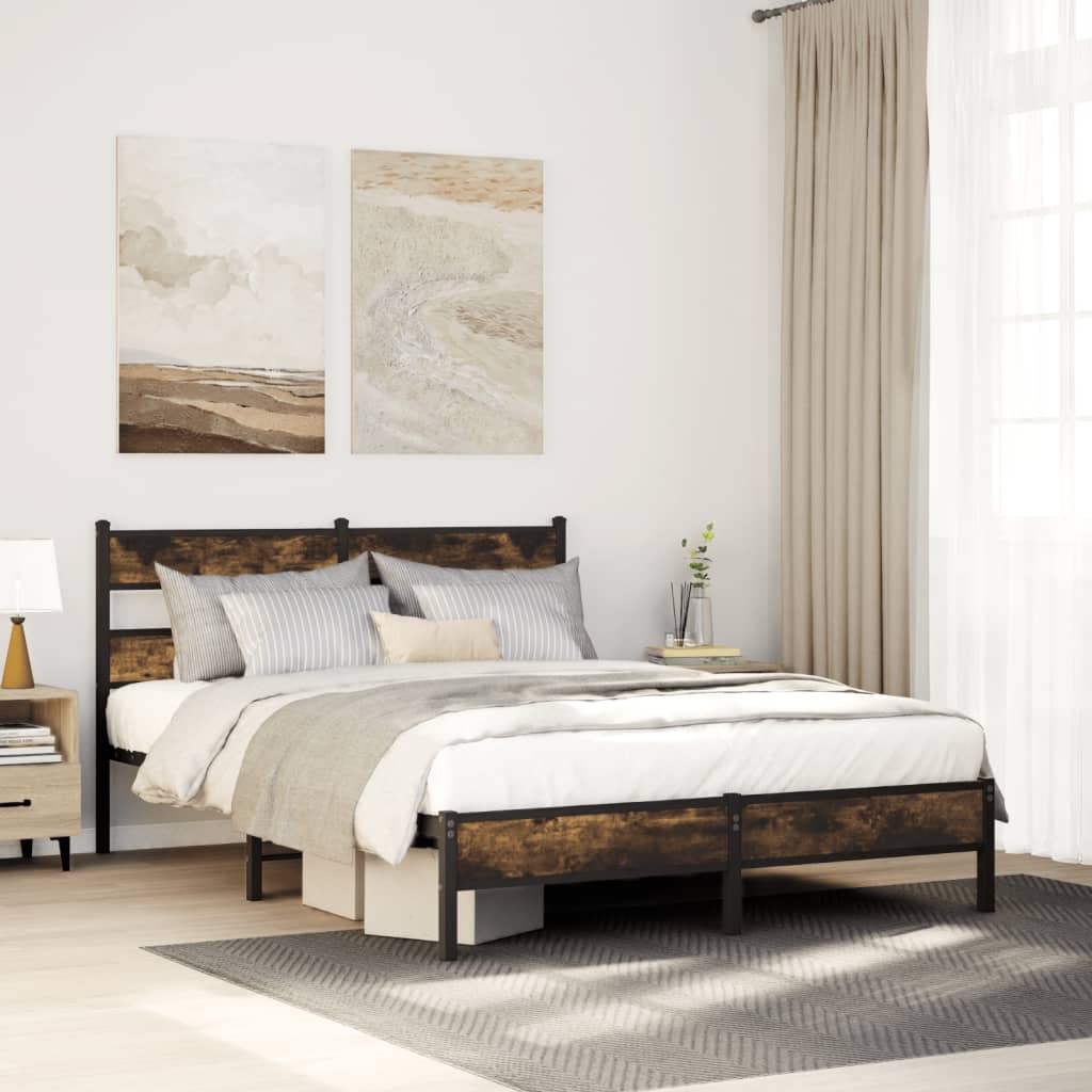 Bed Frame Without Mattress with Headboard Smoked Oak Finish 140 X 190 Cm