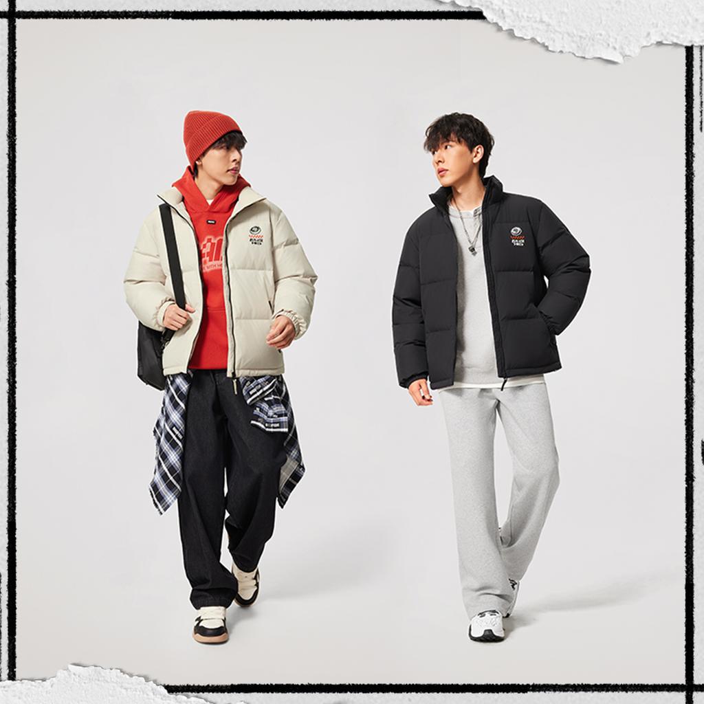 Li Ning Badfive Windproof Water-Resistant Warm Loose Fit Stand Collar Embroidered Down Jacket Men Outerwear AYMV129-1