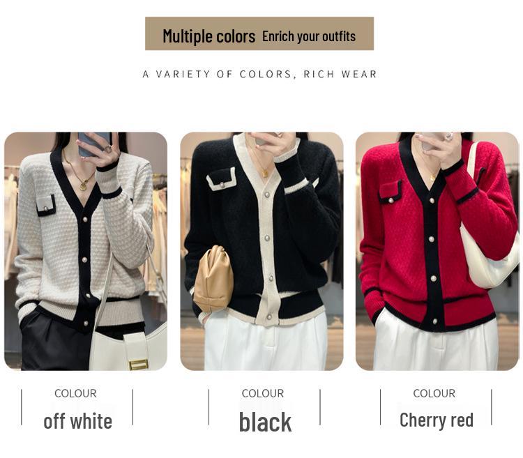 2025 A/W Women's V-Neck Color Block Tweed Knit Cardigan Sweater - Long Sleeve Base Layer