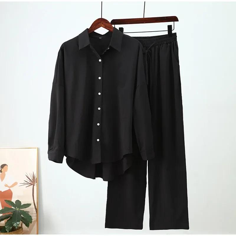 Completo Pantaloni Larghi da Festa Set Due Pezzi Donna Vintage Boho Maxi Camicia Autunno Casual Ampio Streetwear Lavoro Outfit Y2k