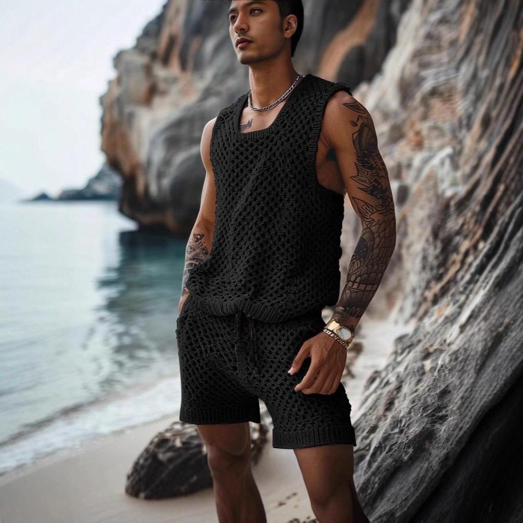 European Summer 2026 Casual Knitwear Two-Piece Set: Breathable, Trendy Hollow-Out Shorts & Versatile Top