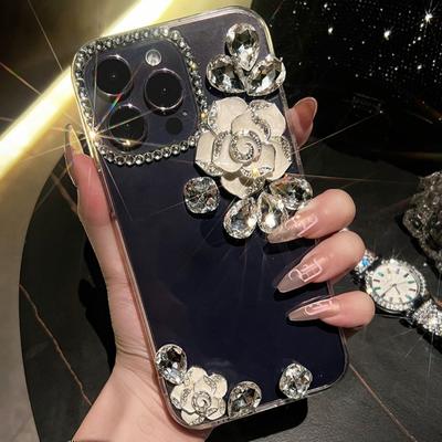 3D Bling Diamond Camellia Flower Glitter Crystal Case For Samsung S23 S22 Ultra S21 Plus S20 FE A14 A34 A54 A13 A33 A23 A53 A32 A42 A52 Diamond Cover