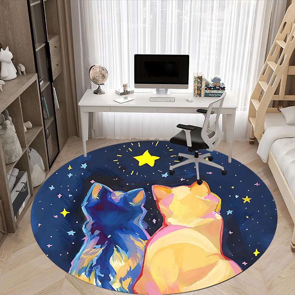 1 Stück Katzen Nacht Büro Runder Teppich, Unter Bürostühlen Schlafzimmer Wohnzimmer Heimdekoration, Raumdeko, In Verschiedenen Größen Erhältlich