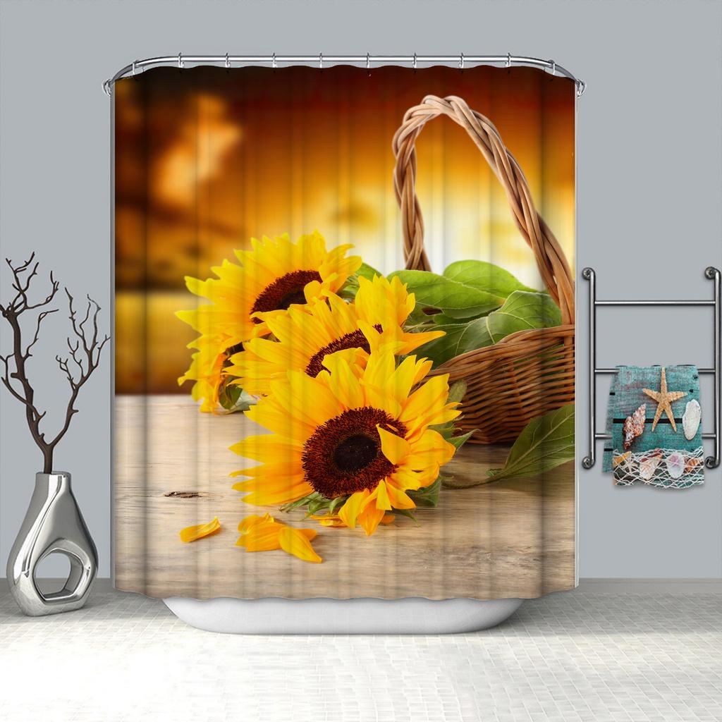 Sunflower Butterflies Shower Curtain for Bathroom Decor, Black and Yellow Bath Accessories, Waterproof Polyester with Hook