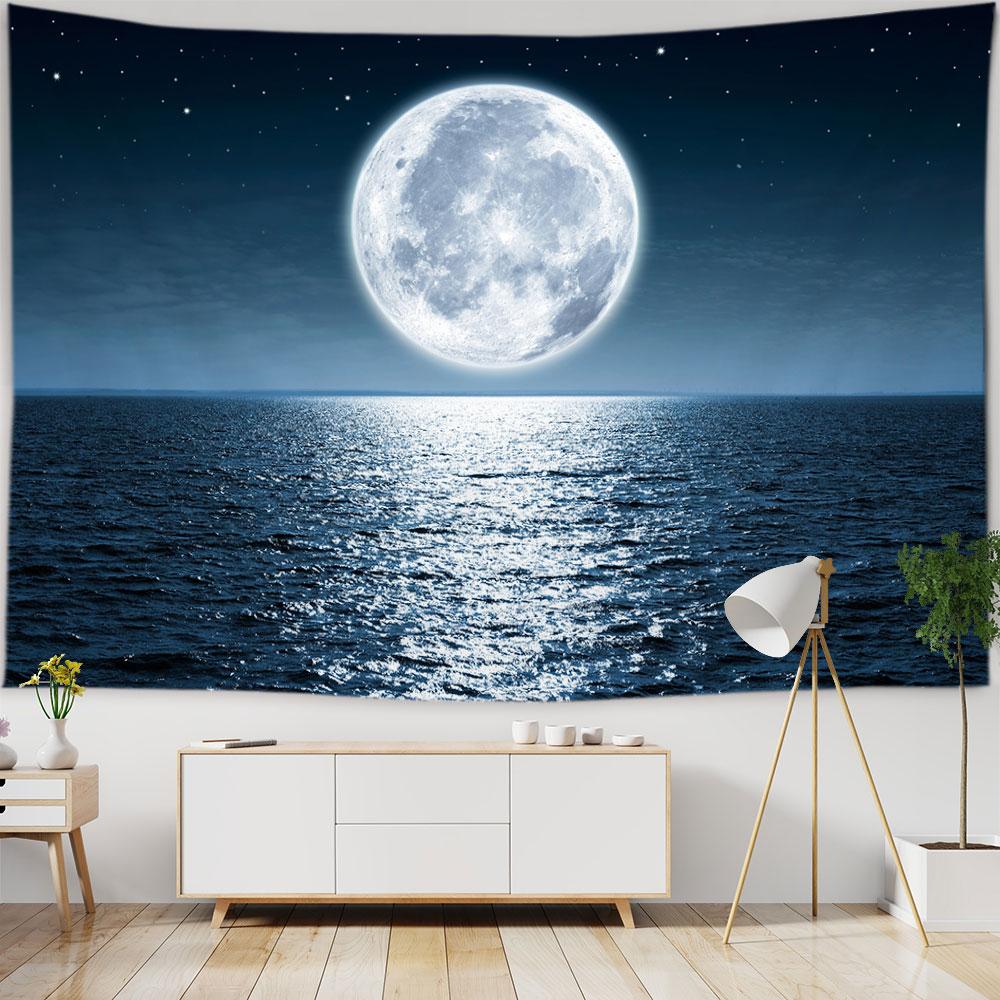 Beach Starry Tapestry Home Decor Living Room Natural Moon Sea Landscape Tapestry Fabric Hippie Wall Hanging Tapestry tapiz