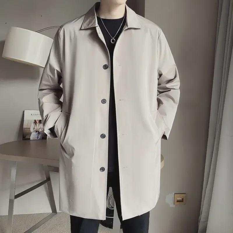 Men's Trendy Lapel Single-Breasted Mid-Length Windbreaker - Large Size, Thin Cape Jacket for Spring and Autumn