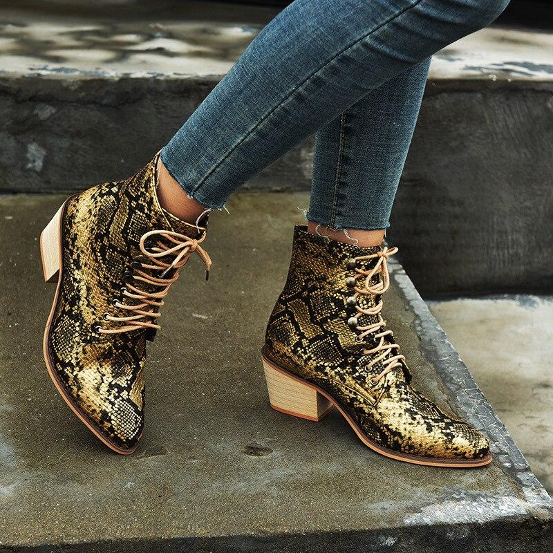 Plus rozmiar botki dla kobiet platforma moda kobiety kwadratowy obcas serpentyn buty sznurowane buty szpiczasty nosek buty na co dzień
