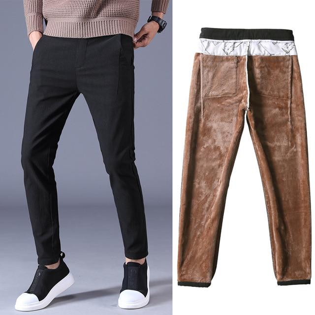 Winter Men 'S Warm Slim Casual Pants Thickening Fleece Skinny Stretch Trousers Black Gray Male Brand Clothes
