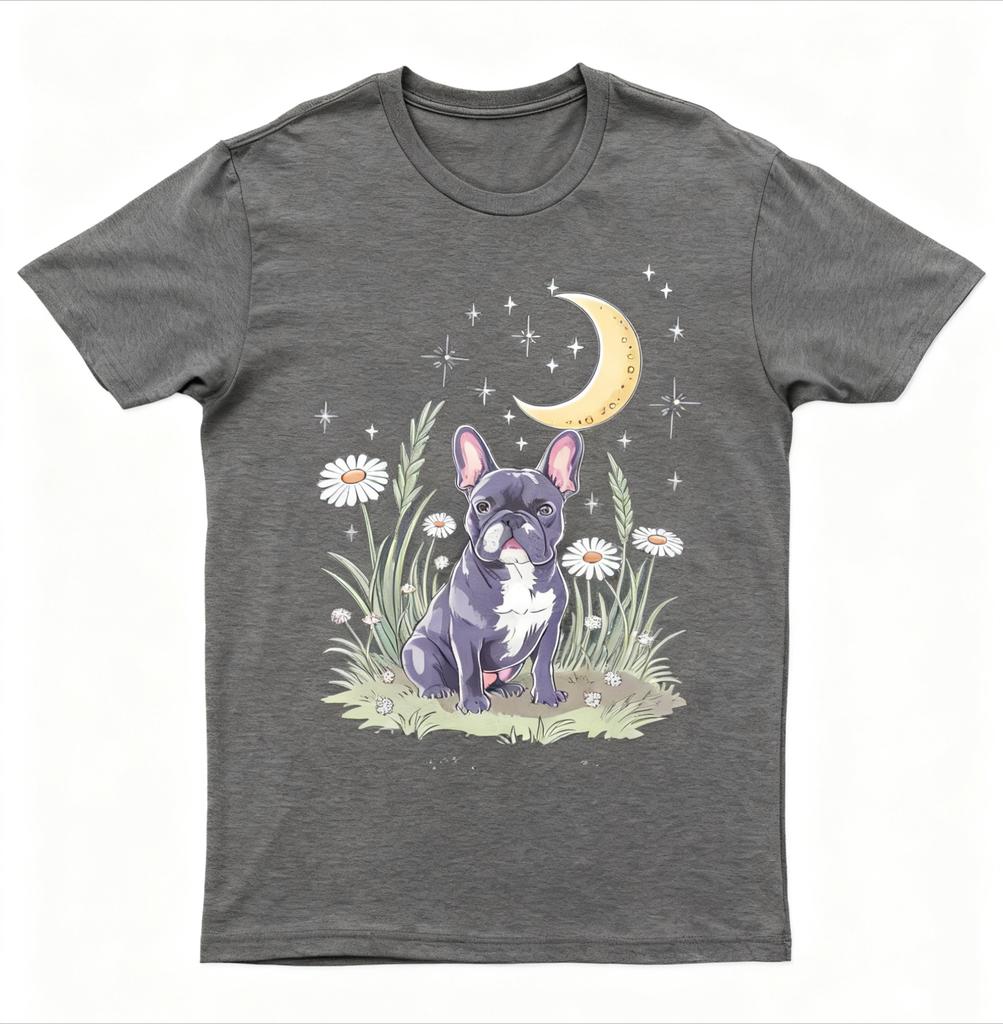 Vintage Mystisches Französische Bulldogge T-Shirt Schwarz mit Mond Stern Gänseblümchen Blumenmuster Künstlerische Freizeitkleidung für Boho Retro Stil Fans
