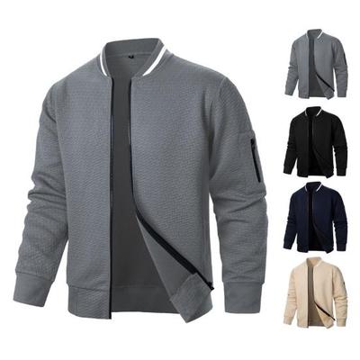 Mens Sweatshirt Jacket Jacquard Design Solid Color Long Sleeve Casual Top Stand-up Collar Loose Zipper Outdoor Streetwear Coat Sweatshirts