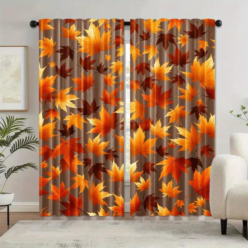 Set Of 2 Vibrant Autumn Leaf Printed Curtains Designed Quality Material Ideal Fall Themed Home Window Dec Curtain Sheer Polyester
