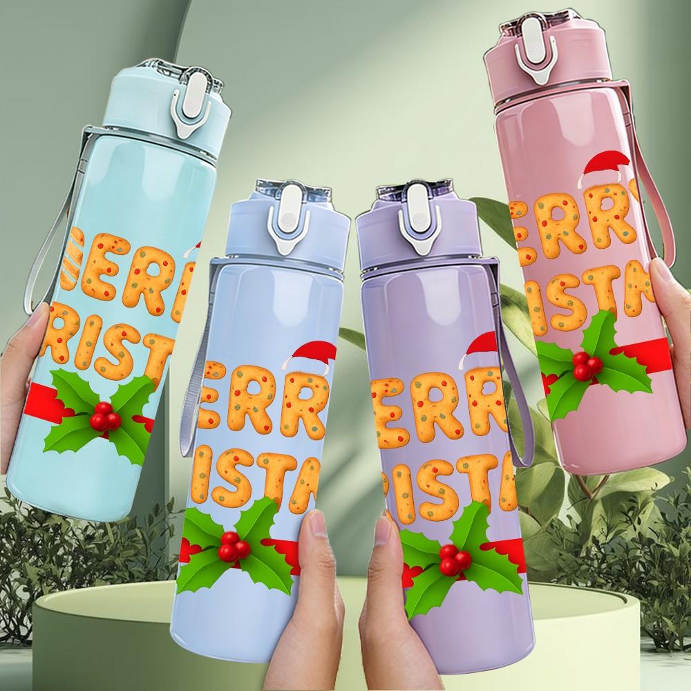 1PC Merry Christmas Banner Text Pattern 750ml Color Plastic Sports Water Bottle Leakproof Flip Straw Lid Suitable for Sports Office Home Use