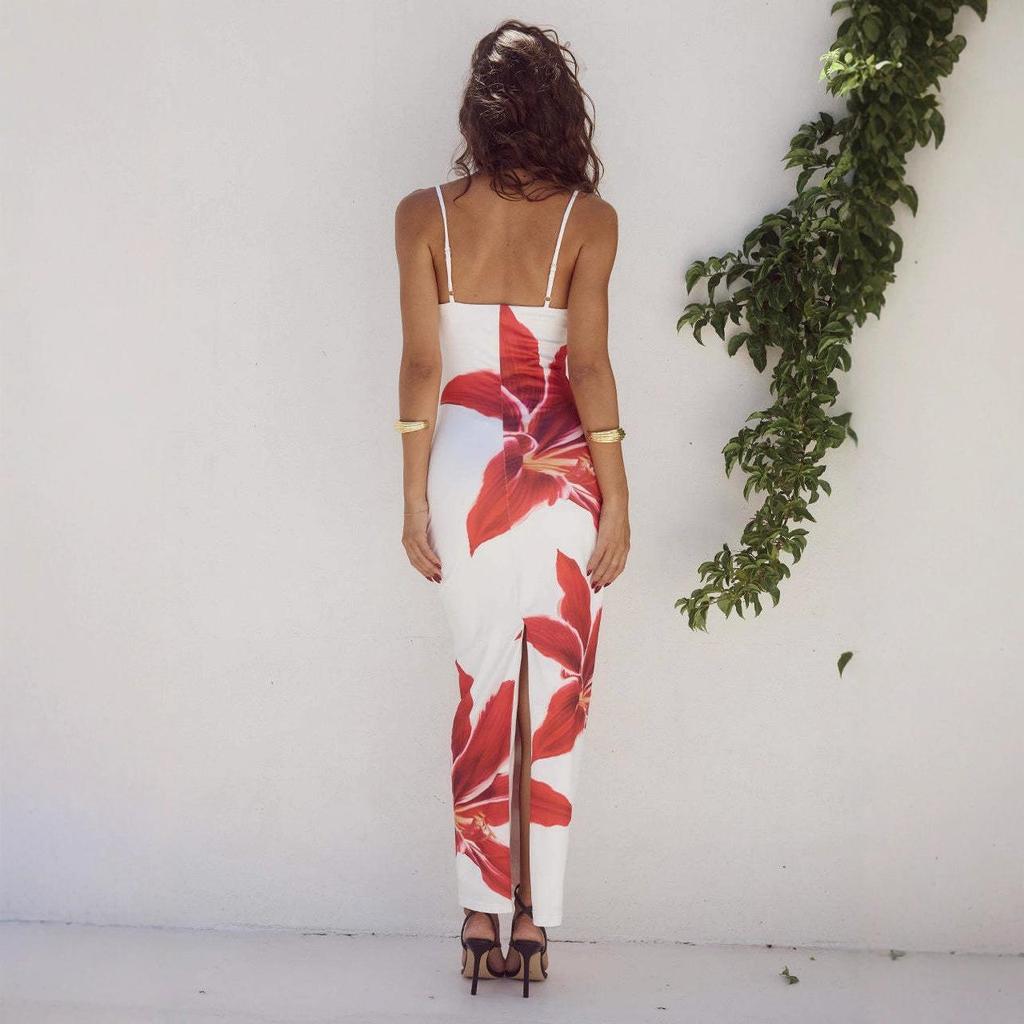Women's Summer Sexy Spaghetti Strap Floral Print Maxi Dress, Slim Fit Bodycon Backless Evening Party Beach Vacation Long Dress