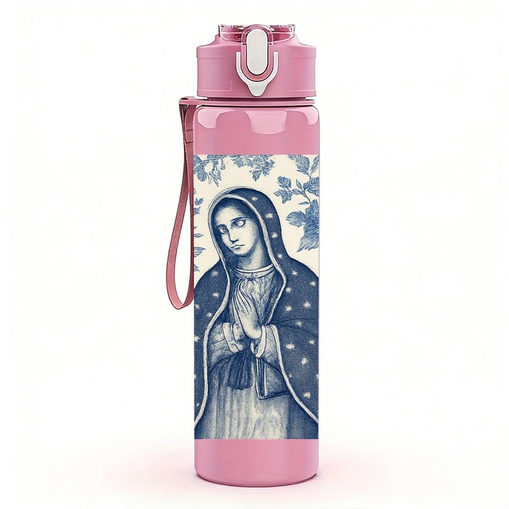1PC Blue Tone Virgin Mary Portrait 750ml Color Plastic Sports Water Bottle Leakproof Flip Straw Lid For Sports Office Home Use