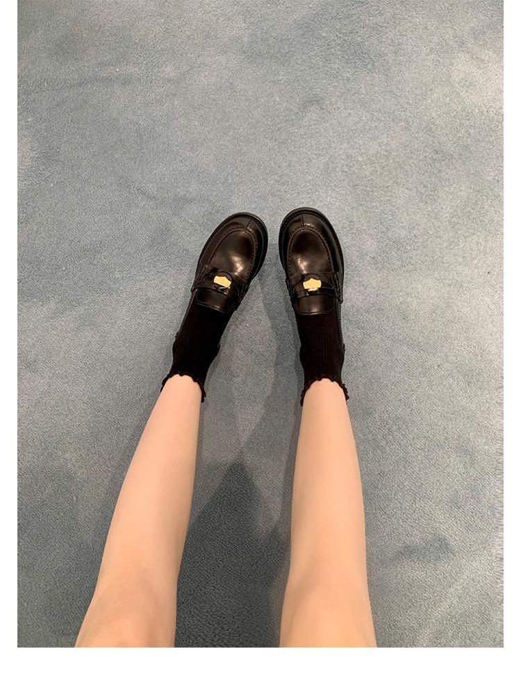 Sheepskin version~ British leather thick-soled black small leather shoes women's gold coins lazy one-pedal loafers flat single shoes