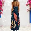 Women Plus Size V Neck Strappy Sleeveless Tropical Leaf Printed A Line Long Dress