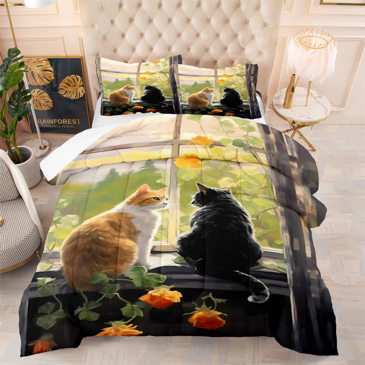Cute Cat Bedroom Comforter Set - Printed Comforter, Bedding 3-piece Set, Filled Cotton, Available Individually 140*200cm