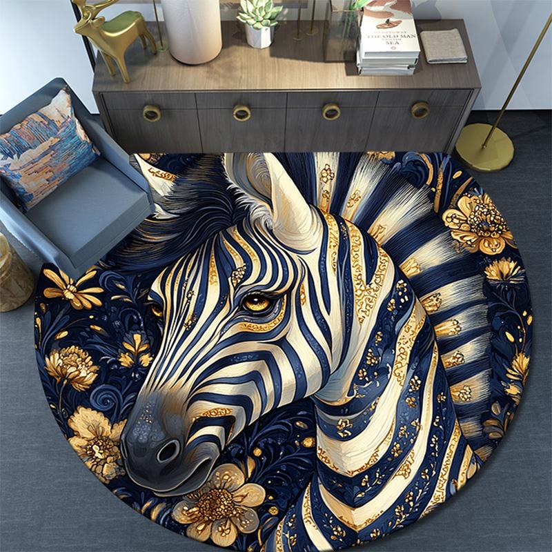 Golden Zebra Round Area Rug,Carpet Rug for Living Room Bedroom Sofa Playroom Decor,Non-slip Floor Mat