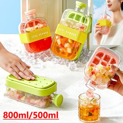 500/800ml 2-in-1 Eiswürfel Wasserflaschen-Set Ein-Klick Tragbarer Eiswürfelbereiter Wasserkocher mit Strohhalm Eiswürfel-Becher Outdoor Fitness Getränk