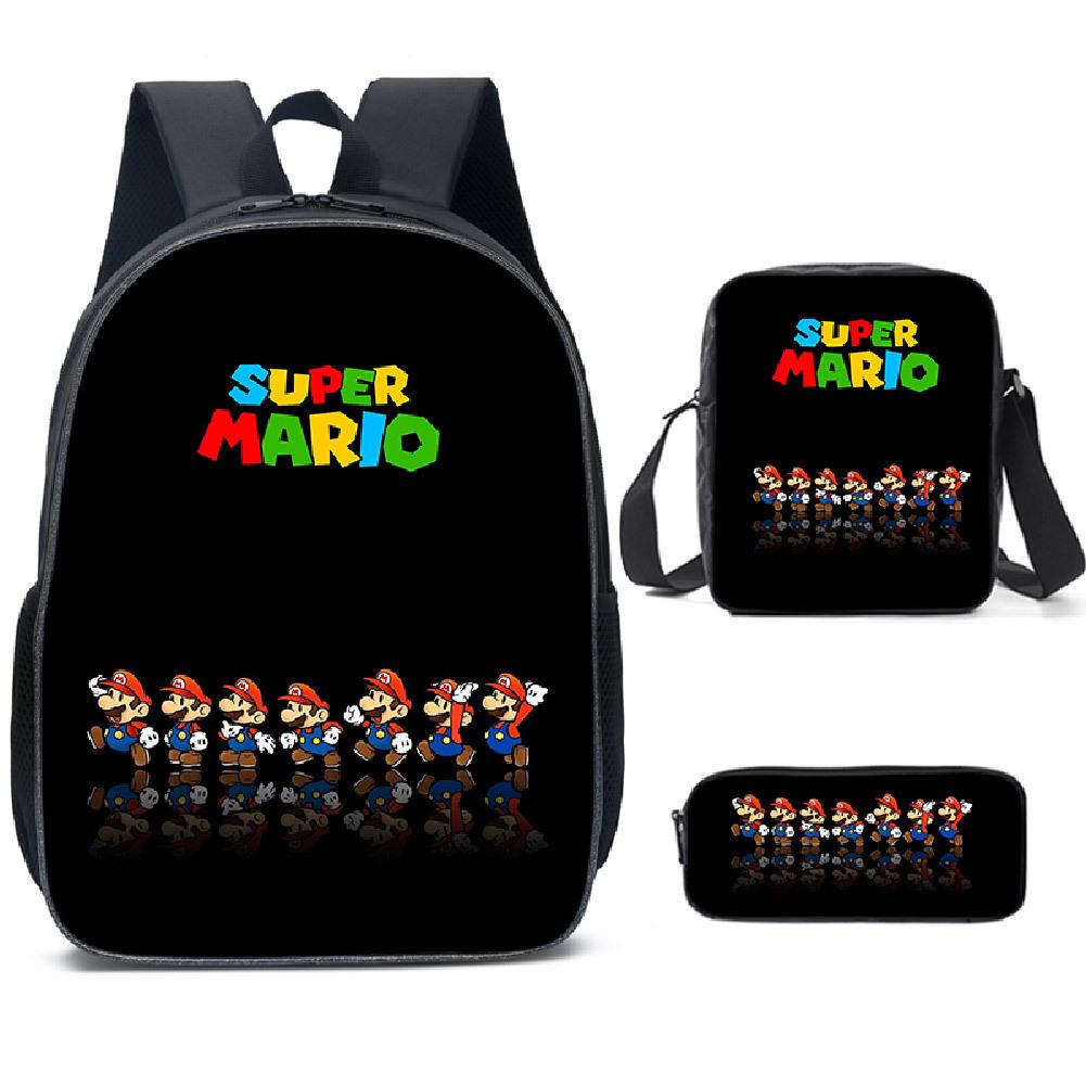 Set Zaino Cartone Animato Mario 3-in-1 Zaino per Studente per Laptop Borsa a Spalla Astuccio Zaino Scolastico per Bambini