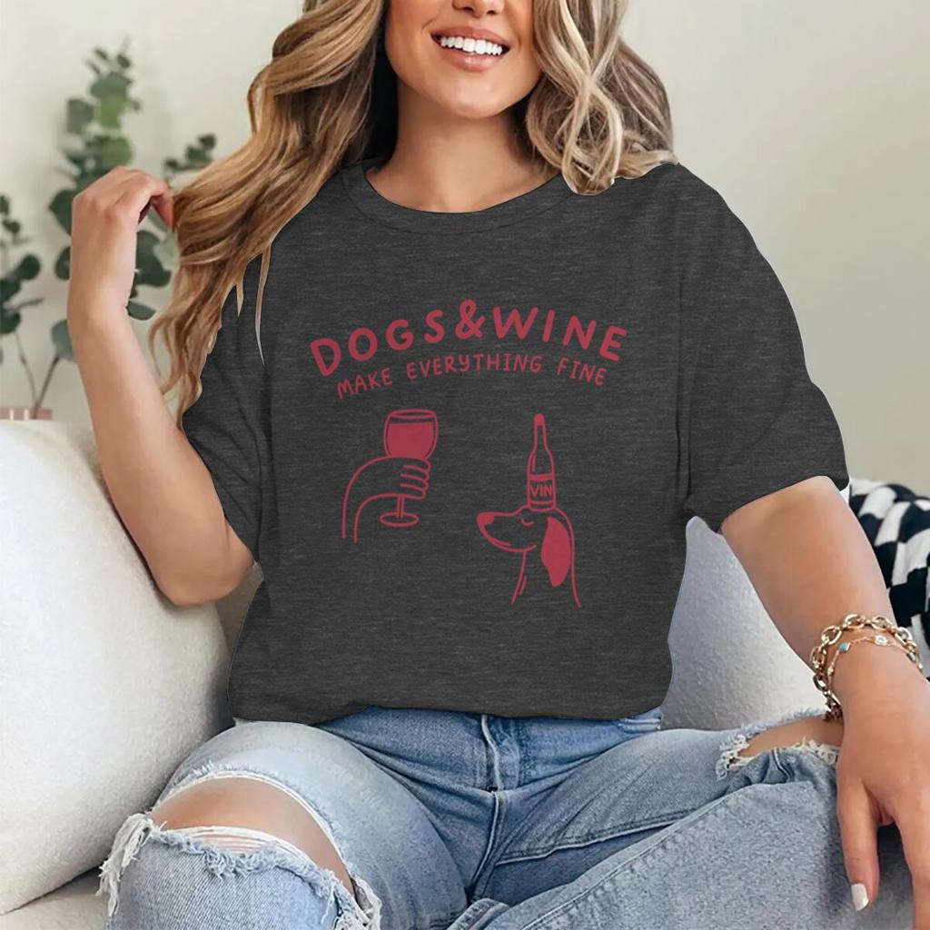 Hunde Und Wein Machen Alles Gut Lustige Vintage Grafik T-Shirts Tier Shirt Mode Hundemama T-Shirts Geschenke Damen Y2K Oberteile