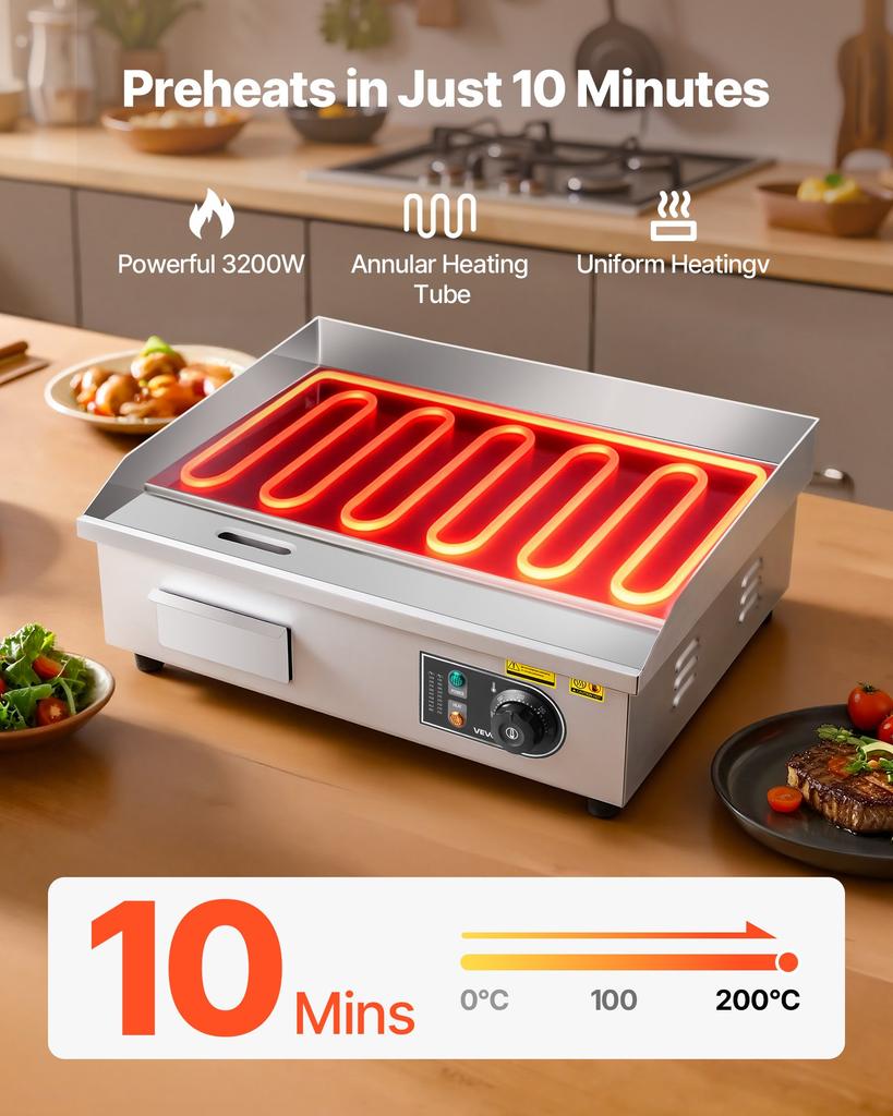 VEVOR Commercial Electric Griddle, 535 x 300 mm, 3200W, 50-300 degrees C Adjustable Temp Control