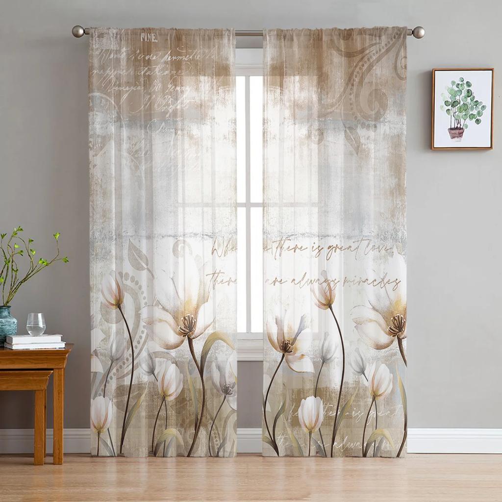 Retro Plant White Flower Abstract Sheer Curtains for Living Room Decoration Window Curtain Kitchen Tulle Voile Organza Drapes