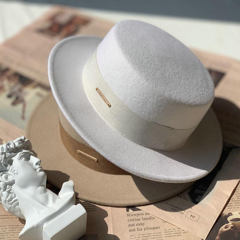 White French Autumn and Winter Flat Top Woolen Top Hat Women's Flat Edge Small Edge British Big Head Circumference Men's Versatile Camel Black