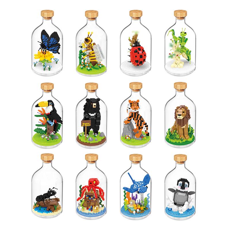 Non-Toxic New Product Simulation Animal Series Creative Children'S Toys Bottled Building Blocks Flamingo Seahorse Educational Gift Model