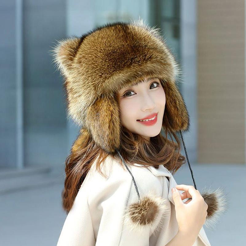 New Women Natural Raccoon Fur Caps Ushanka Hat For Winter Thick Warm Ear Fashion Pompoms Hat Lady Loveliness Real Fox Fur Cap