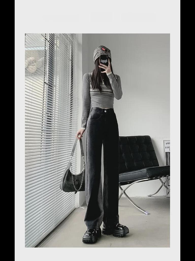 Gradient Black High-Waisted Wide-Leg Jeans for Women - Autumn/Winter Style with Contrasting Colors and Loose, Floor-Length Fit