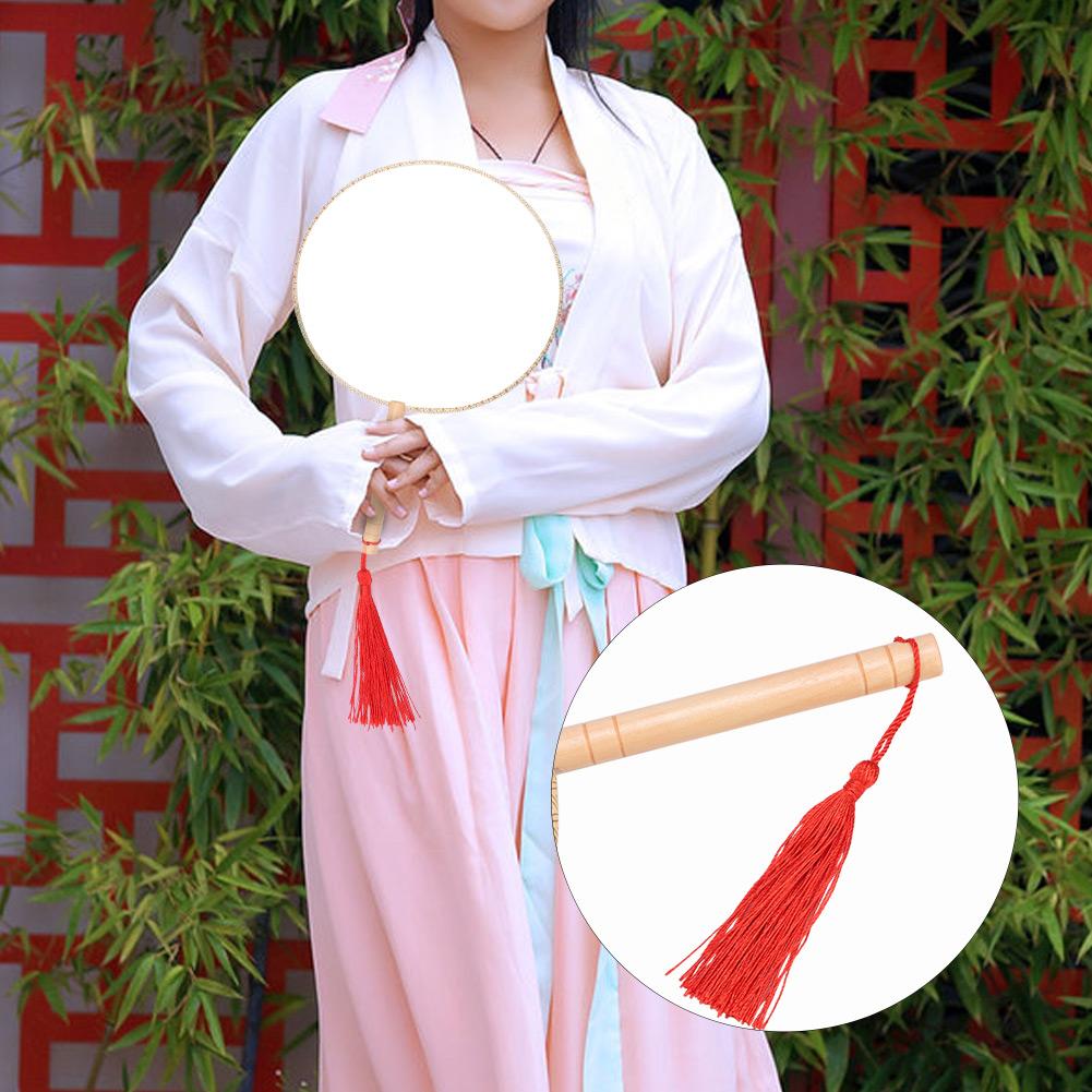 Classical Wooden Handle Round Silk Classical Fan Tassel Handle Fan Gift Decoration(Round Wooden Handle White Silk Cloth