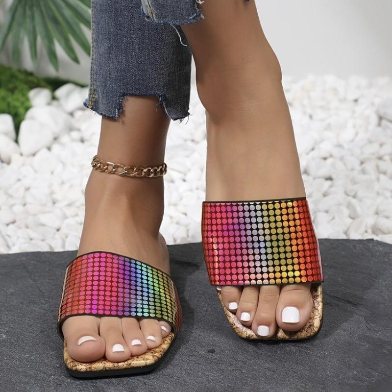 Summer New Rainbow Polka Dot Cool Slippers Women's Non-slip Lightweight Large Size Square Head Beach Shoes