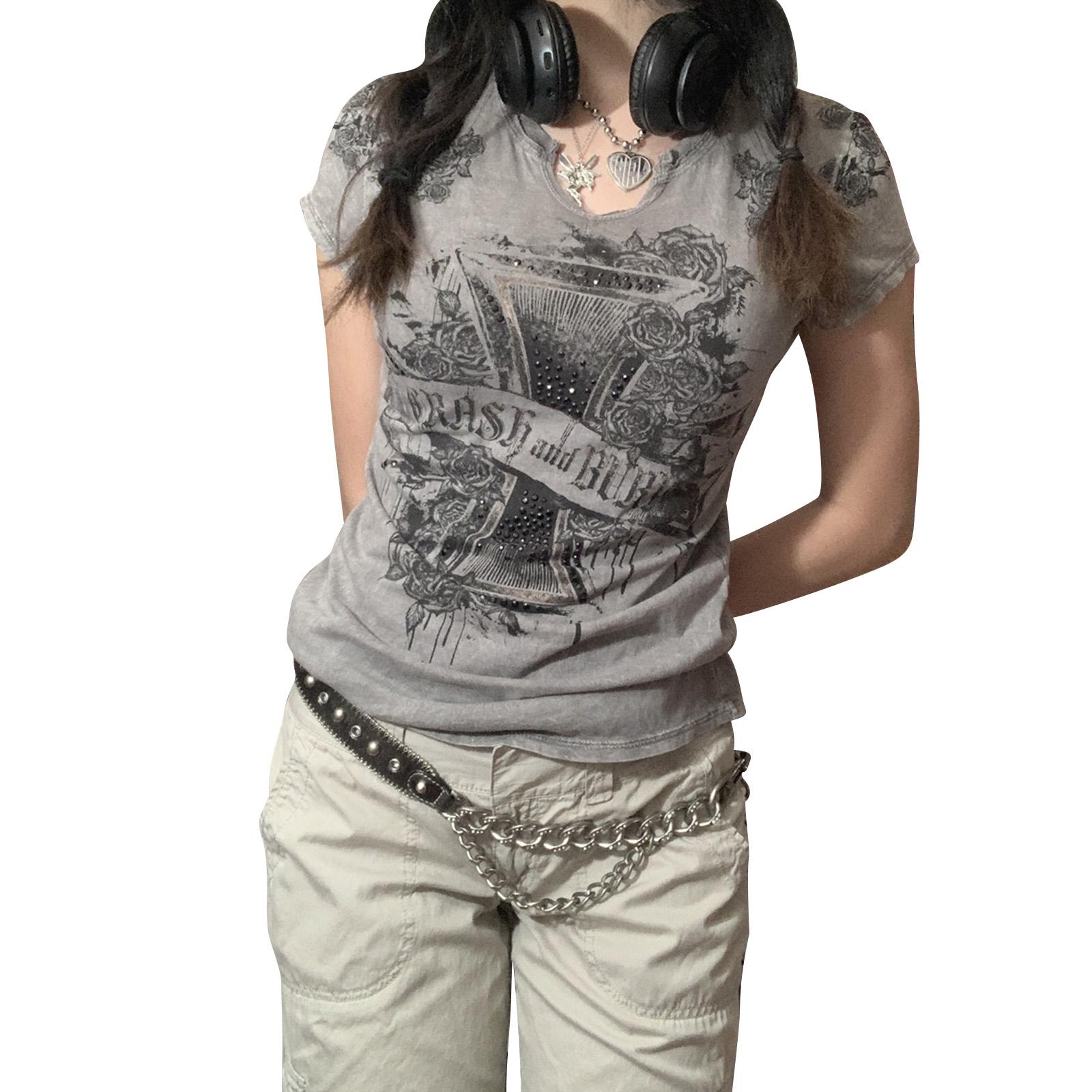 

Женская свободная рубашка с коротким рукавом и круглым вырезом, повседневные уличные топы с ретро-цветочным принтом, серый пуловер XL серый