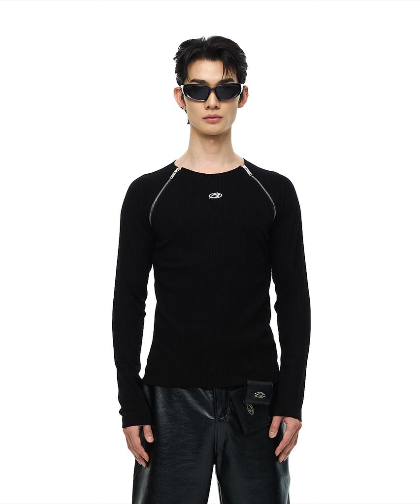 MORE THAN BLACK Logo Two Side Zip Up Knit