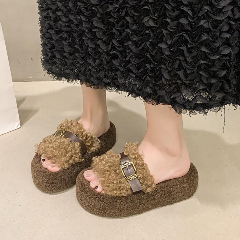 Retro thick-soled fluffy slippers women's outer wear 2025 autumn and winter Korean version comfortable curly slippers one-word cotton towing women's 