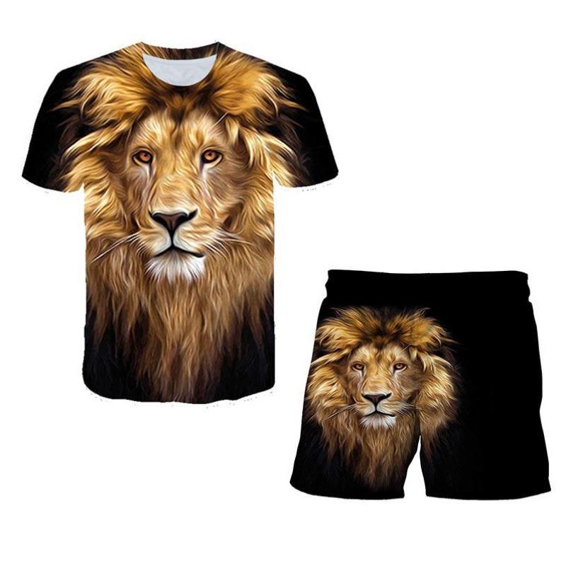 Children's Cartoon 3D Printed Animal Round Neck Beach Pants Summer Set T-shirt Boys' Set
