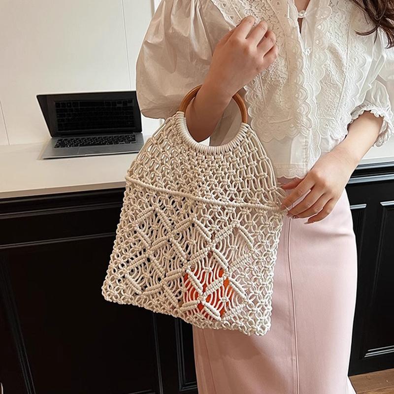 New Wooden Handle Rattan Handle Solid Color Hollow Handmade Cotton Rope Woven Bag Seaside Vacation Handbag Straw Bag