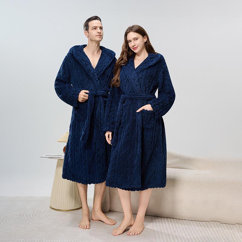 Bademäntel mit Kapuze aus Jacquard-Fleece für Damen und Herren – Warme, dicke lange Roben für Herbst und Winter