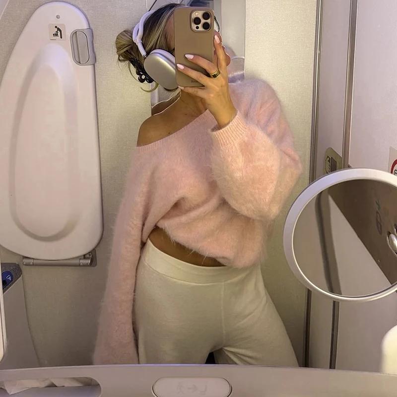 Casual Gebreide Trui Dames Pullover 2026 Lente Losse Off-shoulder Trui met Lange Mouwen Streetwear Dames Warme Street Gebreide Tops