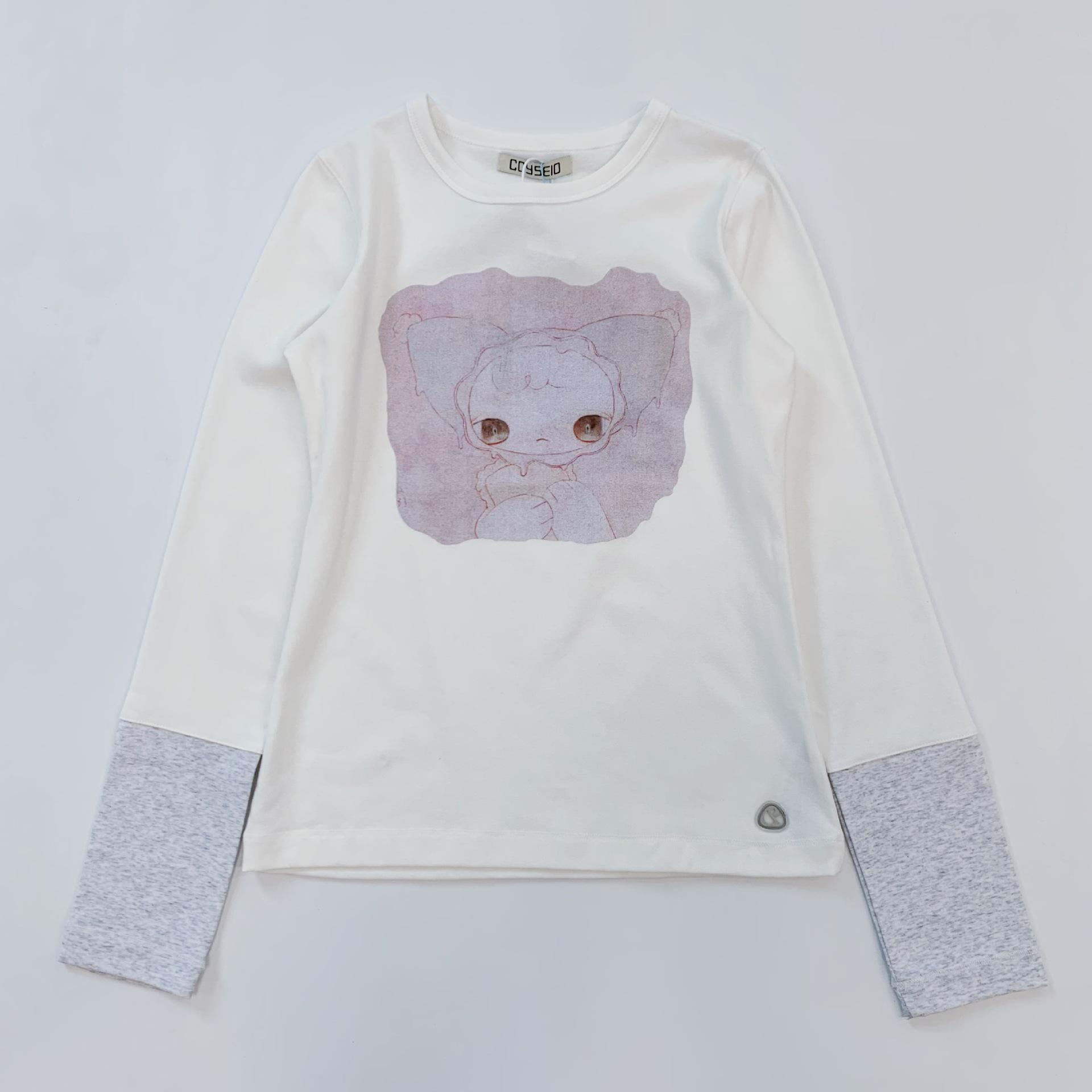 

Korean Cute Doll Print Color Block Long Sleeve Slim Fit T-shirt Small