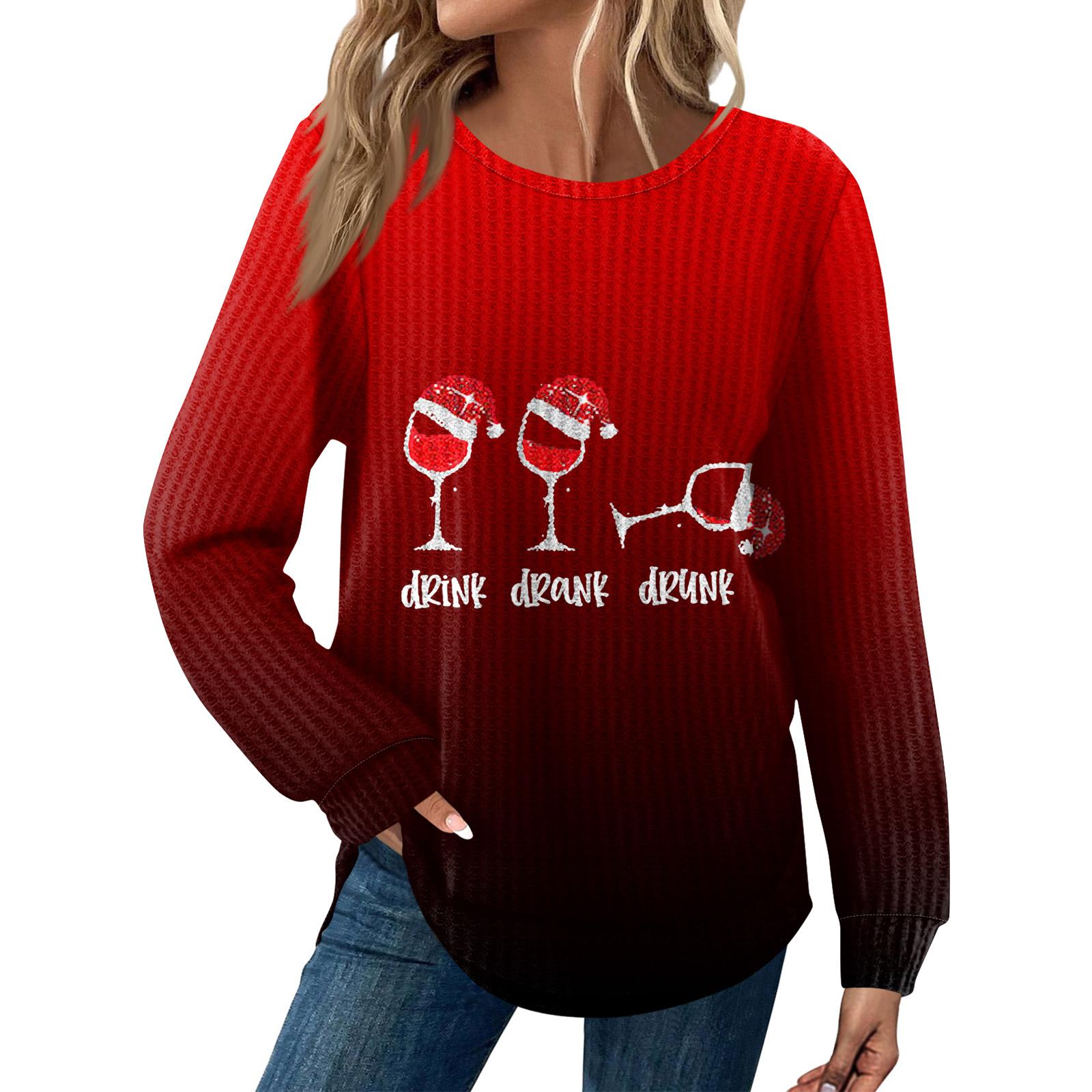 

Женская мода Рождественский свободный топ с длинным рукавом и круглым вырезом XL винный