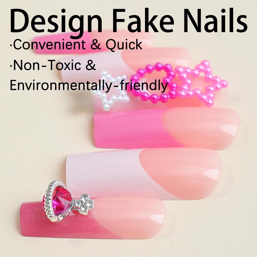 Hot-Selling Extra Long Handmade Wearable Nails with French Edge and Pearl Candy Heart Design